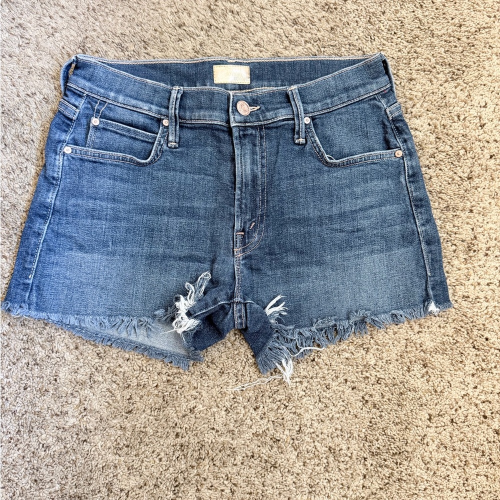 MOTHER Denim Cutoff Shorts in Dark Blue with Frayed Hem
